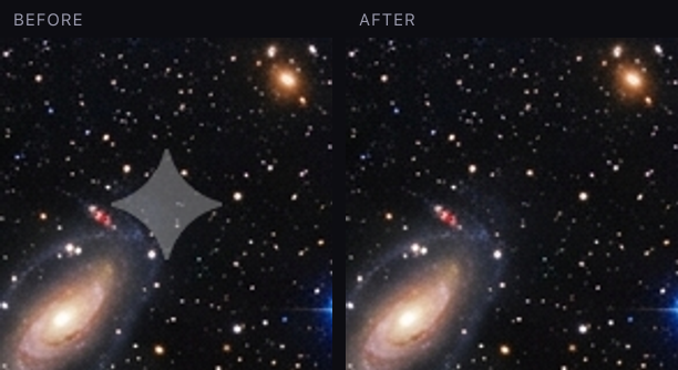 Before and after removing the Gemini watermark from a night-sky image: the four-point sparkle is gone and the stars that were underneath it are recovered, not painted over